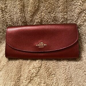 Coach metallic, red soft fold over snap wallet